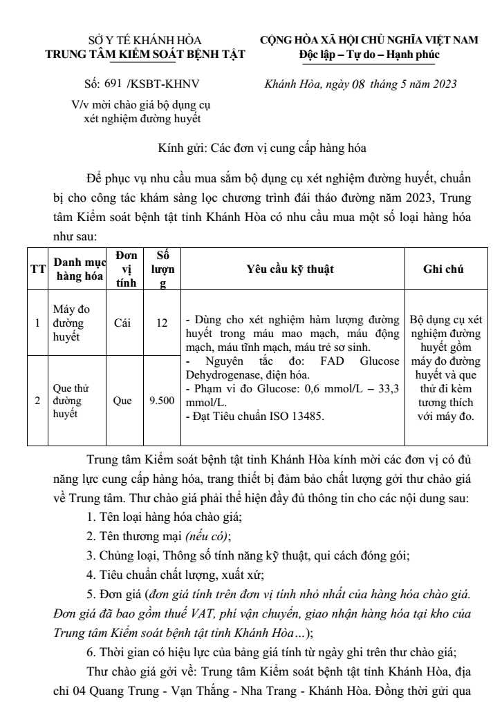 Mời chào giá bộ dụng cụ xét nghiệm đường huyết